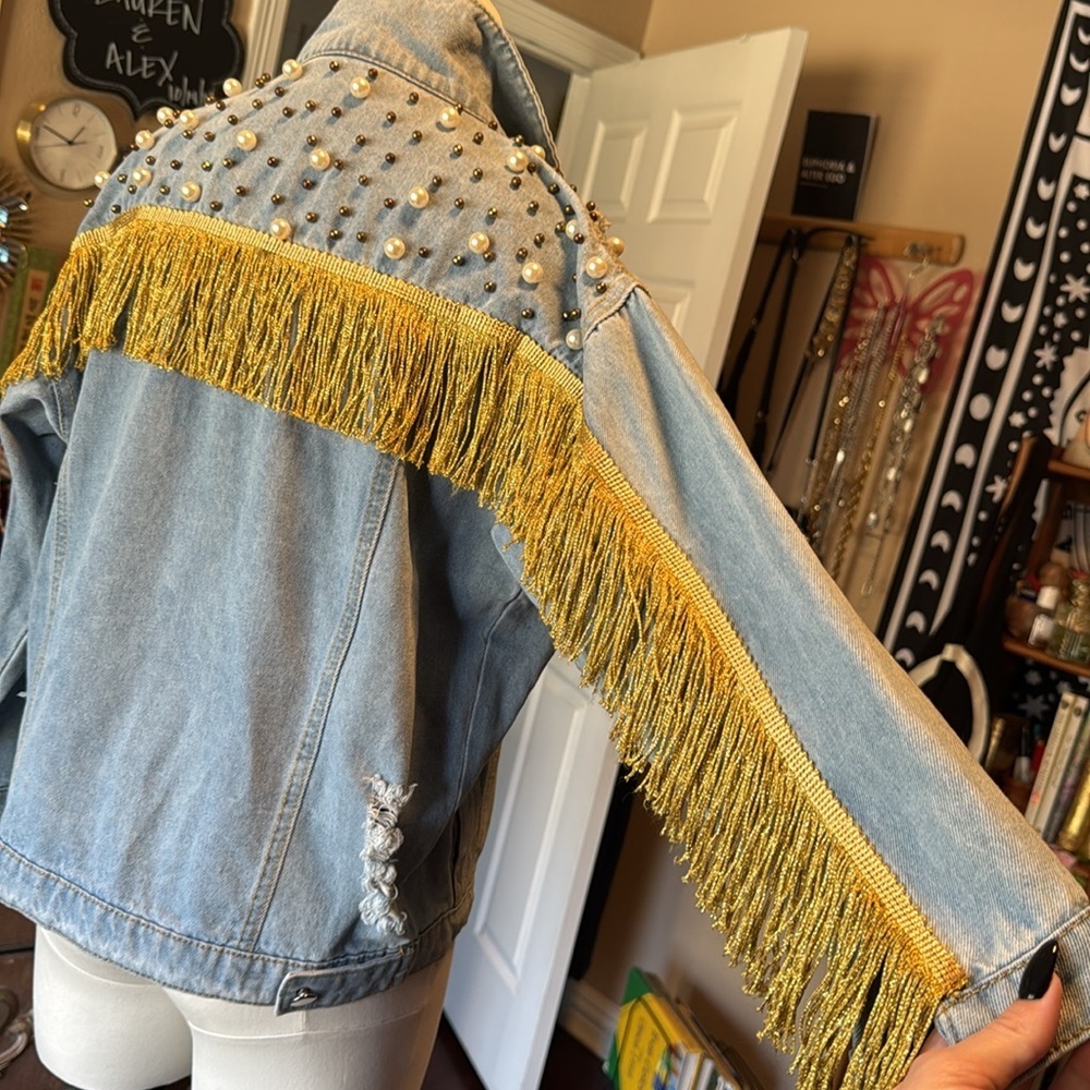 Denim gold fringe jacket medium wash denim stuffed in beads and pearls festival